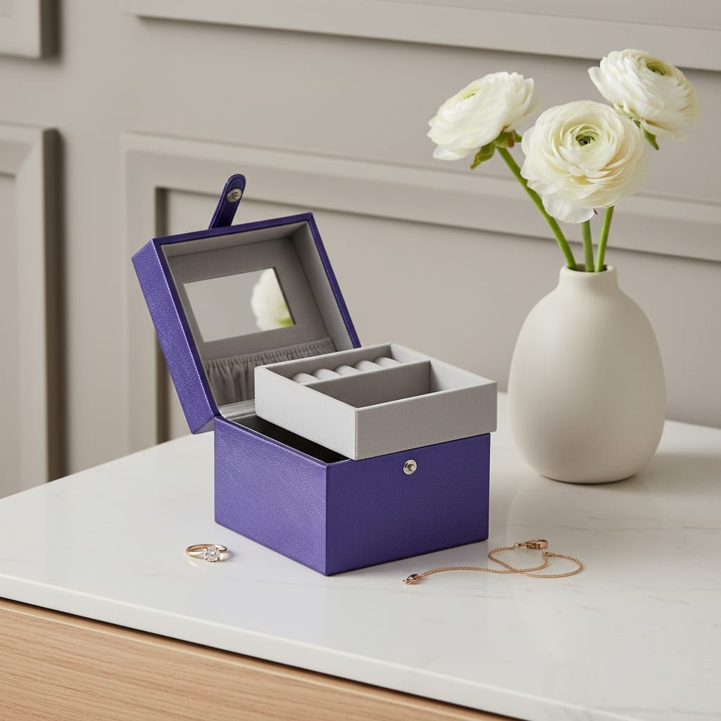 4" Azure Faux Leather Five Section Jewelry Box Travel Case With Mirror