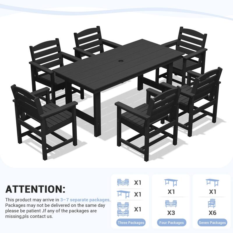 7-Piece HDPE Outdoor Dining Table Sets with Umbrella Hole - 1-Table 6-Chairs