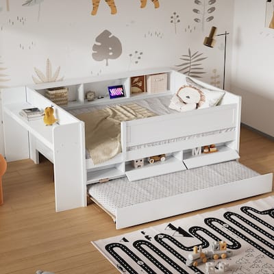 Twin Size Daybed with Drawers and Trundle, Tables, USB Charging Station
