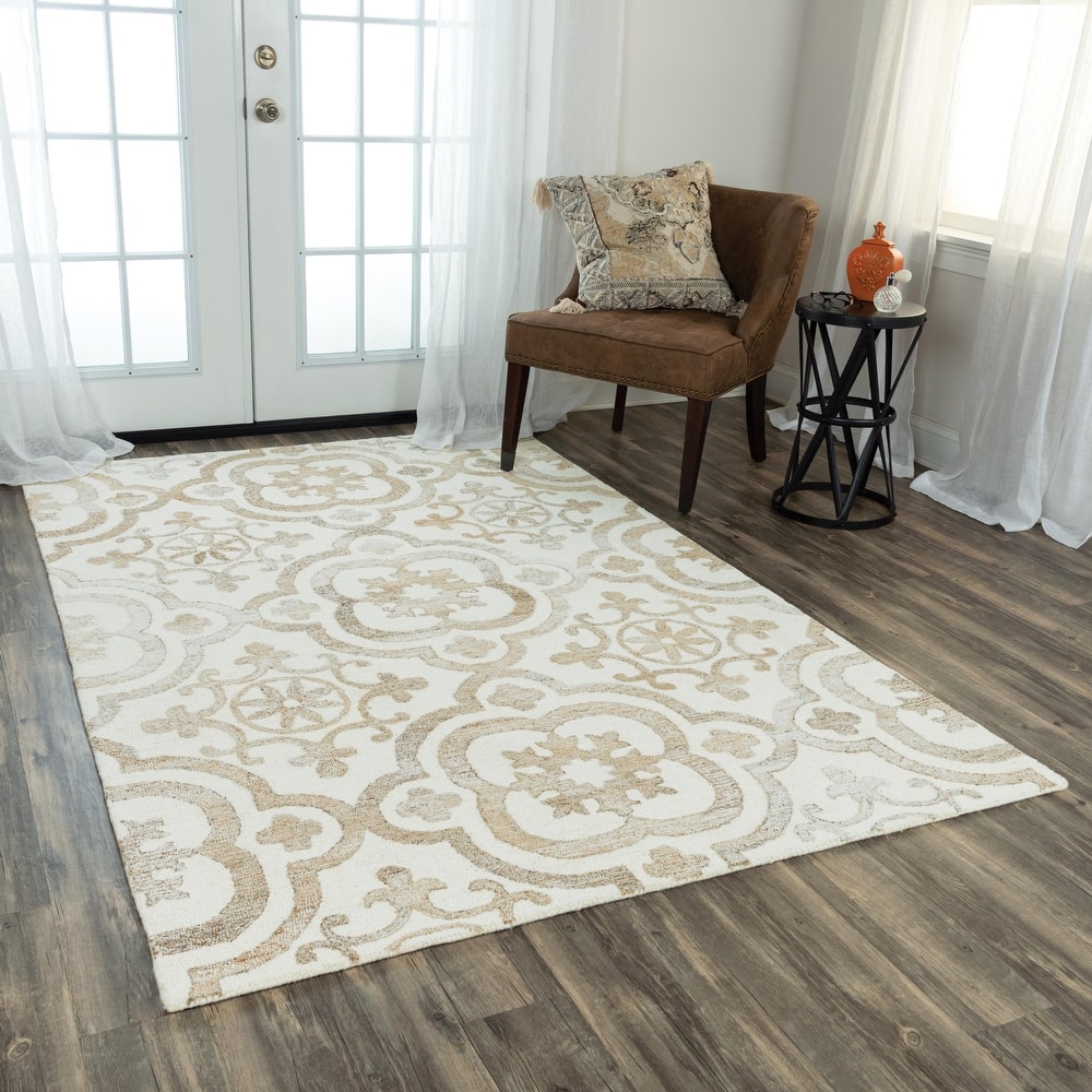 Alora Decor Neo Beige, Brown, and Cream Scrollwork Hand-tufted Wool Blend Rug