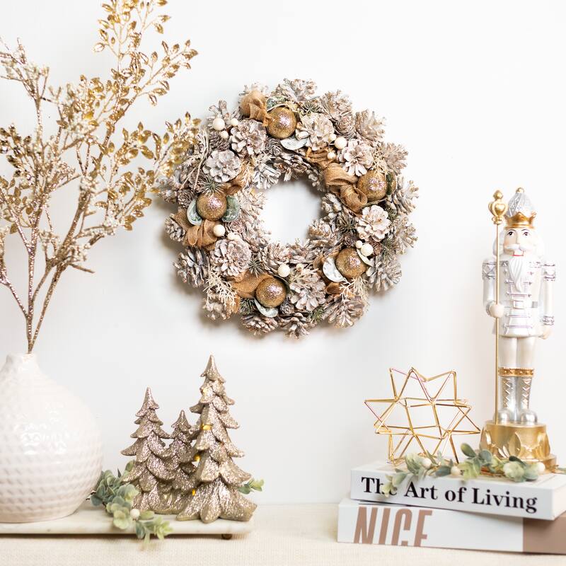 Green Pine Burlap Bows Artificial Glitter Christmas Wreath 13.75"
