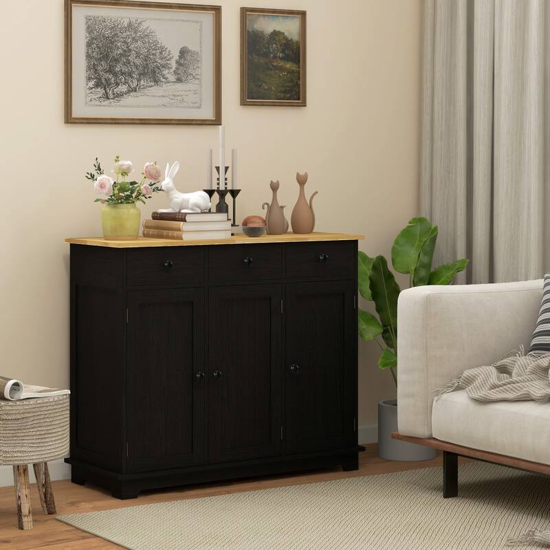 Sideboard with Solid Wood Countertop, Modern Kitchen Storage Cabinet, Coffee Bar Cabinet with 3 Drawers