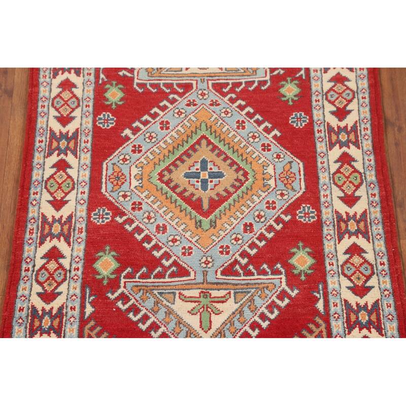 Geometric Red Kazak Oriental Accent Rug Handmade Foyer Wool Carpet - 2'7" x 3'10"