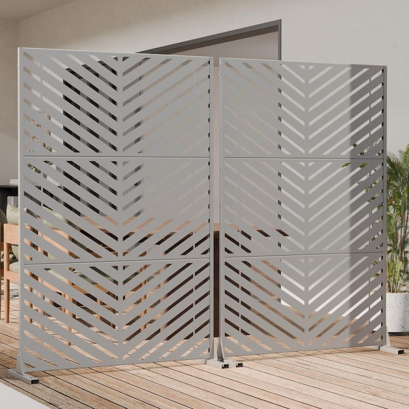 Outdoor Privacy Screen 2-Panel Chevron Metal Privacy Fence with Wind-Resistant Base Durable Decorative Divider - 72"H x 94"W - Gray