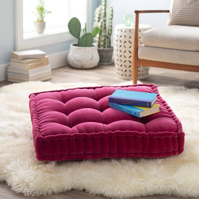 The Curated Nomad Atlanta Deep Button Tufted Velvet Floor Pillow - 30" x 30" Square - Bright Pink