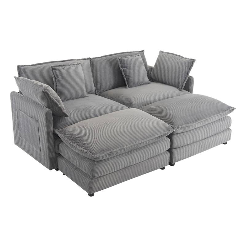 Corduroy Loveseat Set with Movable Ottoman 4 Seater Corner Sofa, Upholstered Deep-seat Couch wCushions and 4 Pillows