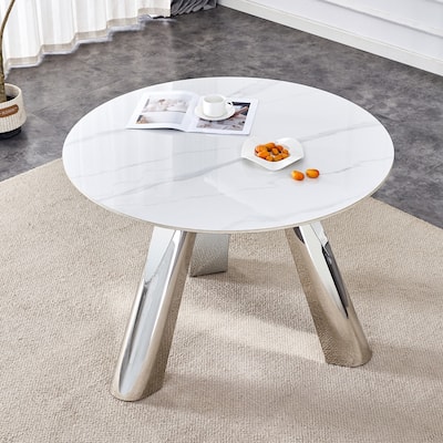 Roomfitters 42" Round Dining Table with Marble Top and Stainless Steel Legs, Seats 4 to 6, White Marble