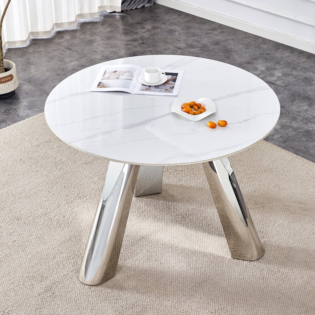 Roomfitters 42" Round Dining Table with Marble Top and Stainless Steel Legs, Seats 4 to 6, White Marble