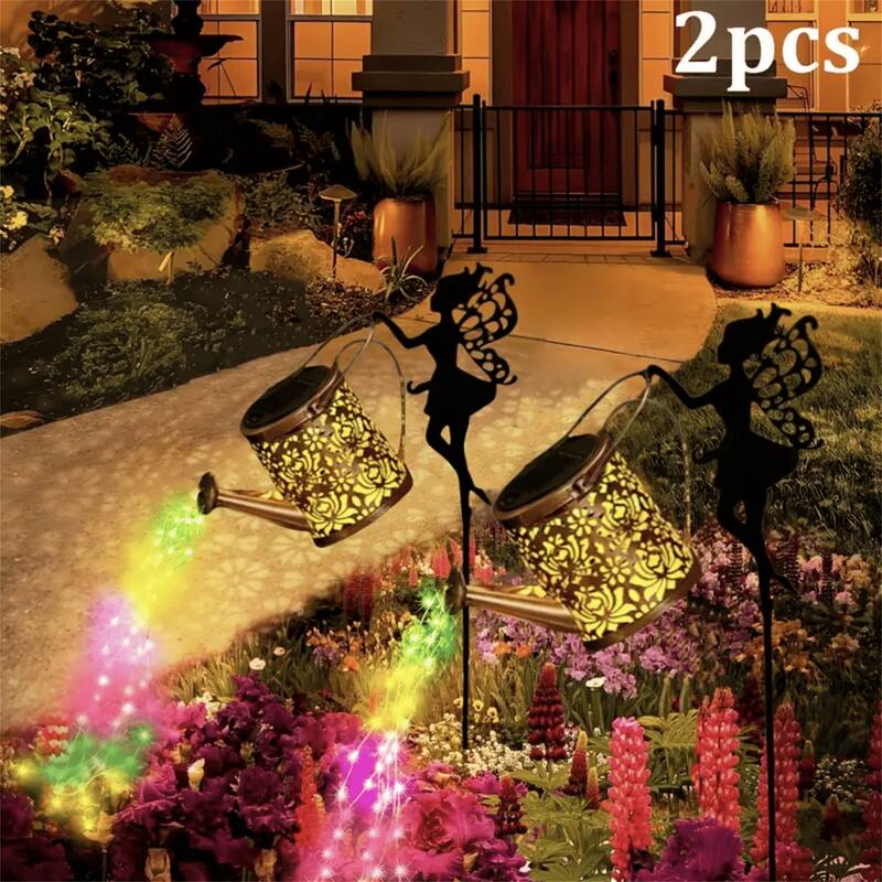 RGB 2 PCS Fairy Garden Decor Light with Solar Watering Can - Gold