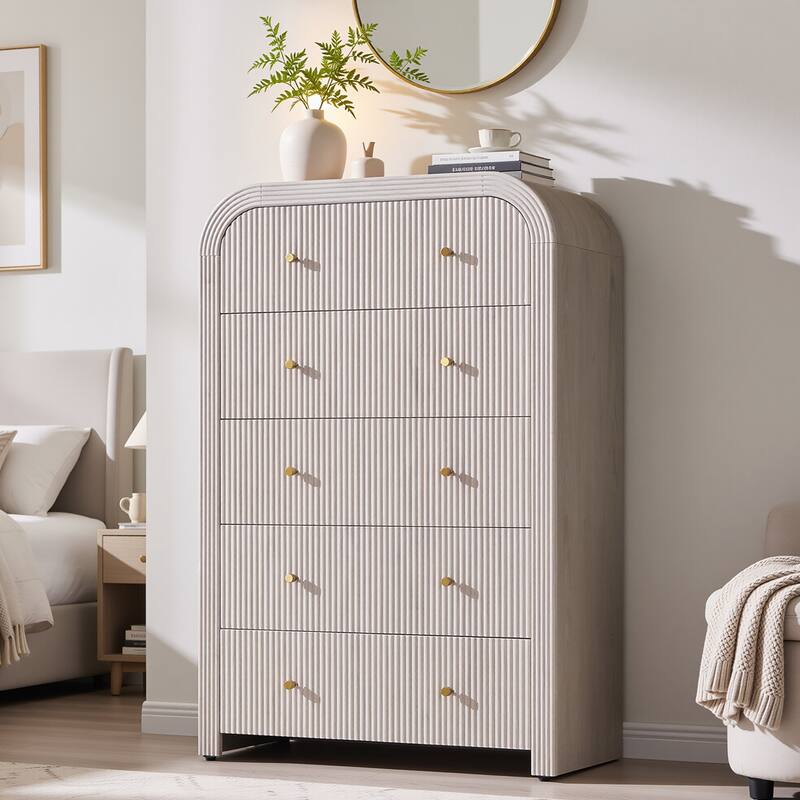 Modern Fluted 5 Drawers Dresser, Wood Chest of Drawers for Bedroom - White