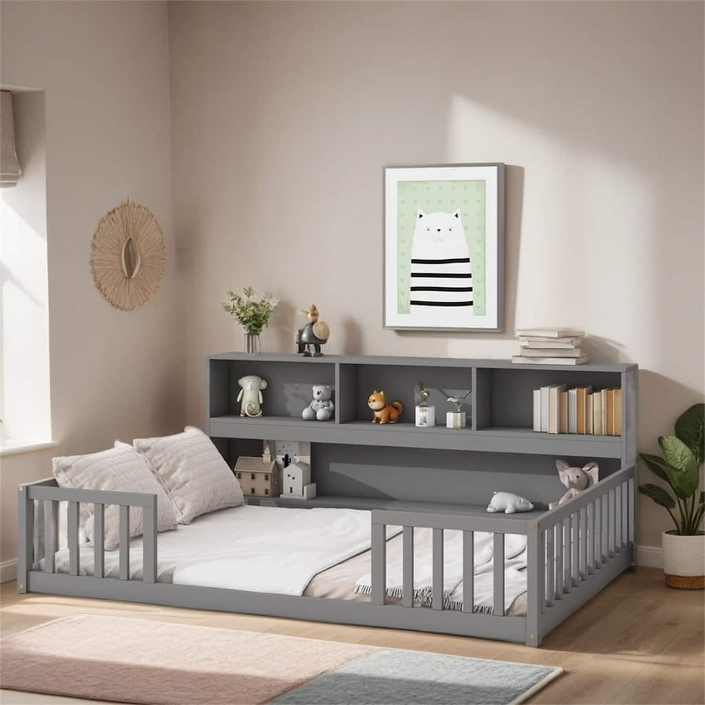 Full Floor Bed with Side Bookcase,Shelves,Guardrails