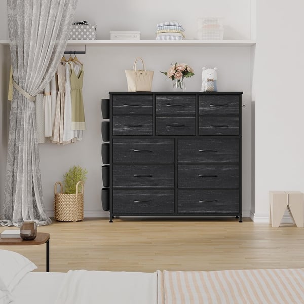slide 2 of 8, 5 Drawer Fabric Dresser with Wooden Top,Large Storage Space Black