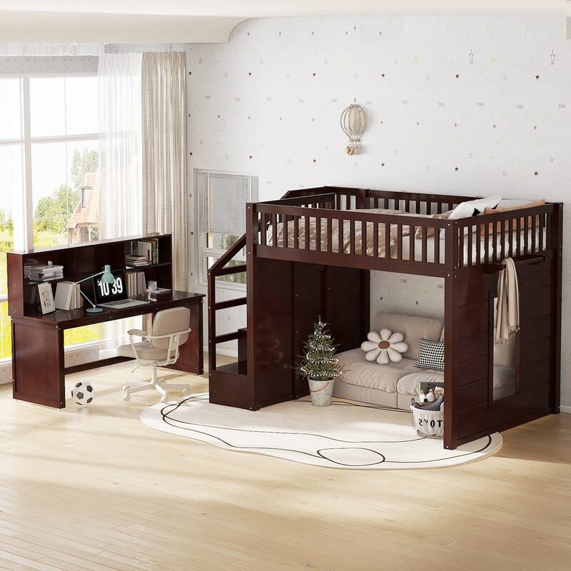 Espresso Loft Bed with Desk Bookshelf Storage Stairs Wood Loft Bed Frame