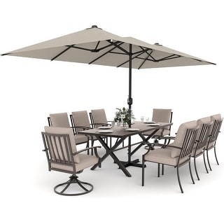 Kullavik 10 Pieces Outdoor Dining Set with 2 Swivel Chairs, 6 Single Chairs, X-Leg Table and Double-Sided Umbrella