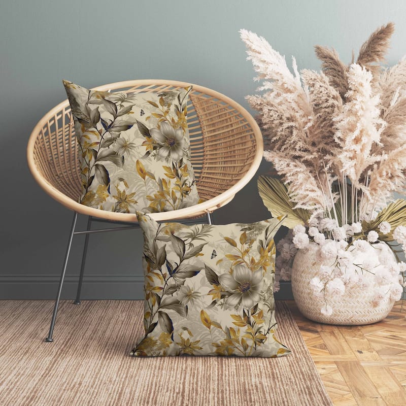 Exquisite Floral Breeze Faux Suede Reversible Throw Pillow Gold and Vanilla