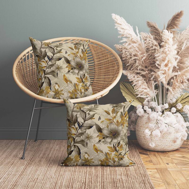 Exquisite Floral Breeze Indoor/Outdoor Reversible Throw Pillow Gold and Vanilla