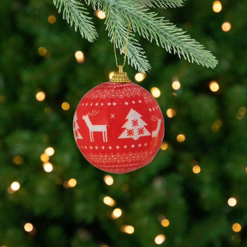14-Piece Red and White Nordic Decoupage Christmas Ball Ornament Set 2.25" (60mm)