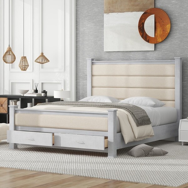 Elegant Style Queen Size Wood Frame Platform Bed with Upholstered Headboard Footboard and 2 Drawers Antique White