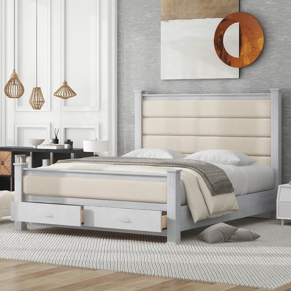 slide 2 of 7, Queen Size Wood Frame with Upholstered Headboard and Footboard, Platform Bed with 2 Drawers, Antique White Antique Grey