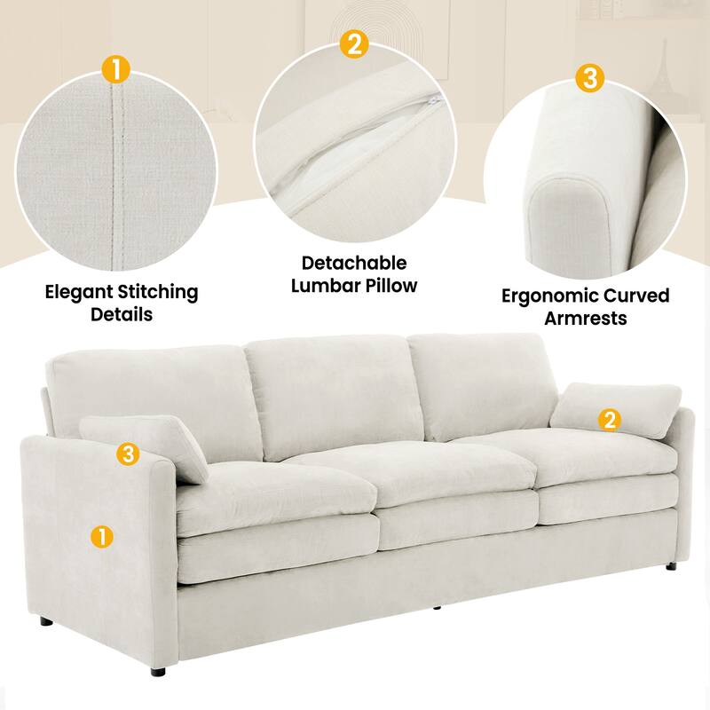 Chenille Upholstered 3 Seater Sofa, Cloud Sofa with Removable Lumbar Pillow, Oversized Sofa with Double Cushion