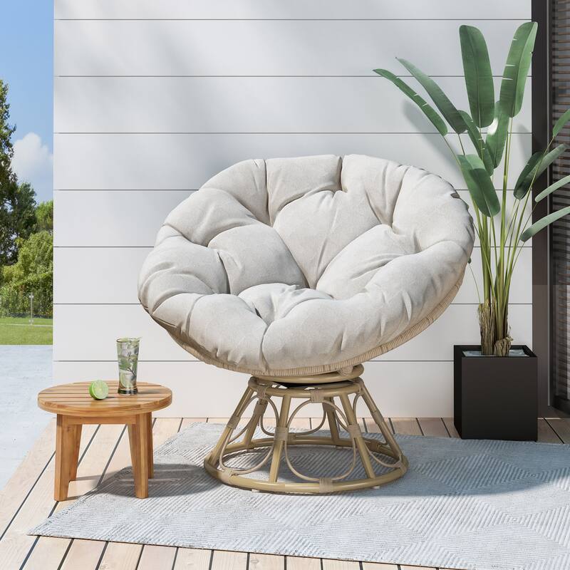Brown Wicker Swivel Papasan Chair with Tufted Fabric Cushion - Brown