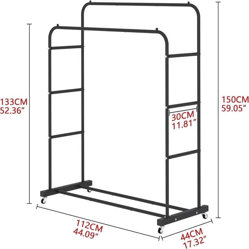 Double Rods Clothing Rack with Wheels - 17.32"D x 44.09"W x 52.36"H