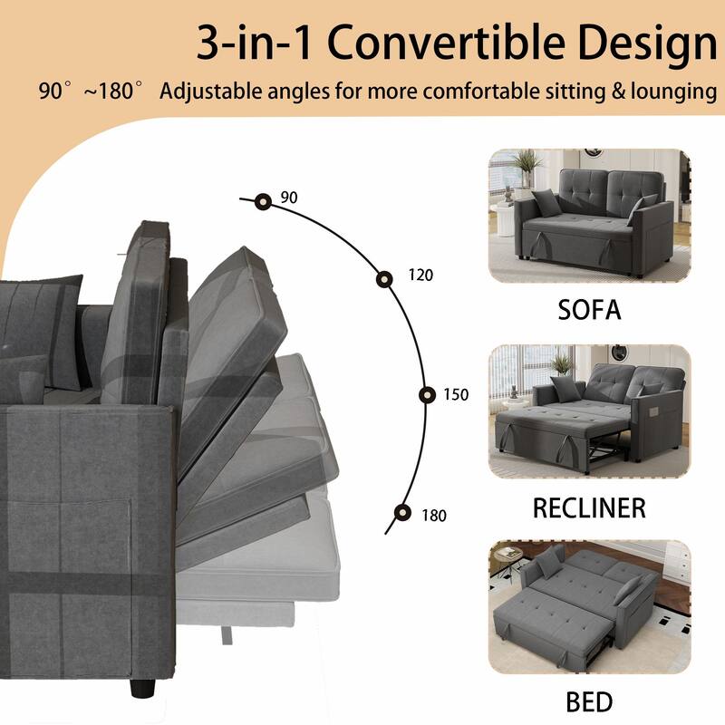 3 in 1 Convertible Sleeper Sofa Bed, Futon Couches for Living Room with Side Pocket, Adjustable Backrest