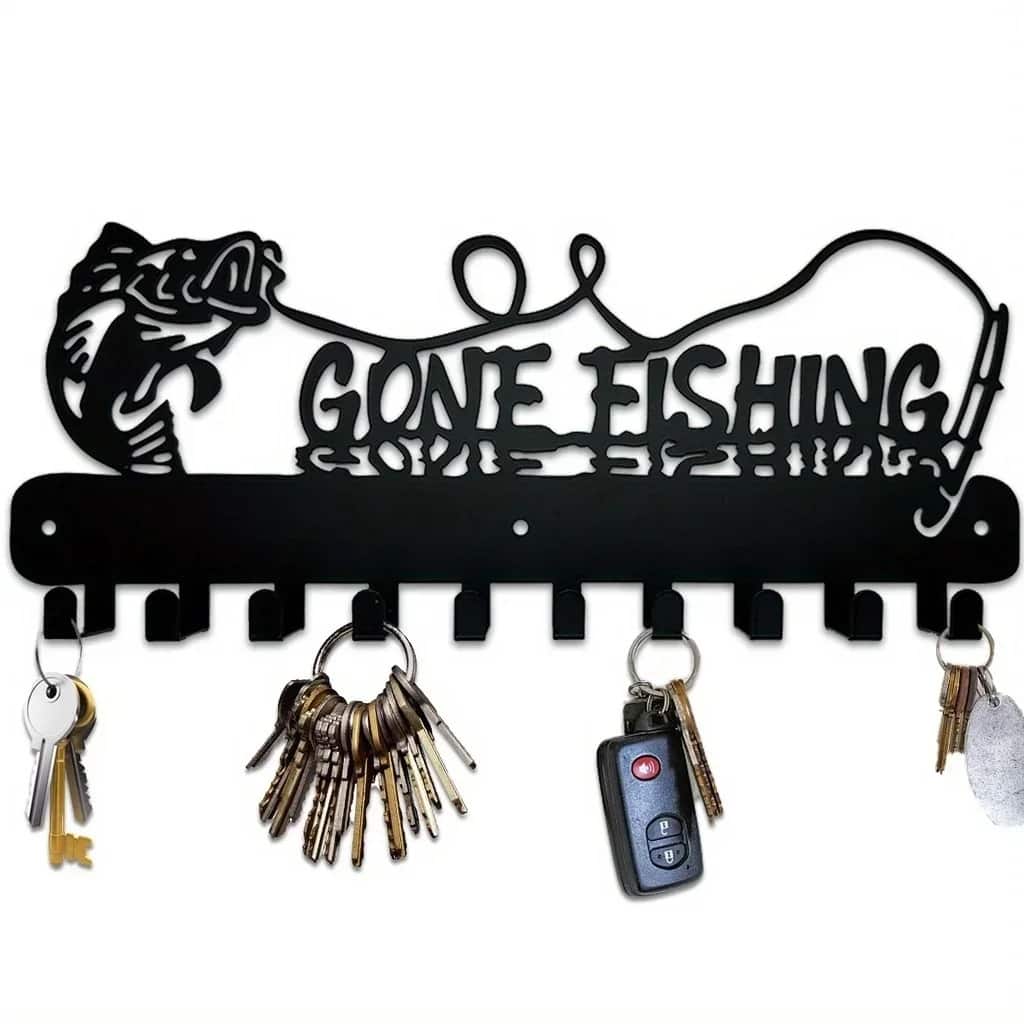 Black Metal Fish Shaped Key Rack with Wall Hook for Coastal Kitchens and Entryways - 11.81”L x 12.2”H