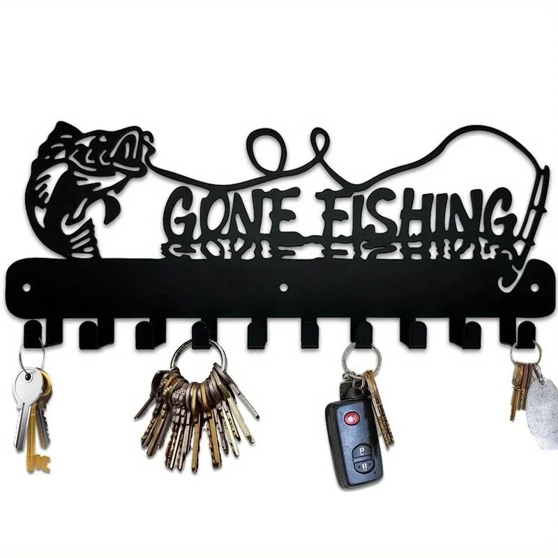 Black Metal Fish Shaped Key Rack with Wall Hook for Coastal Kitchens and Entryways - 11.81”L x 12.2”H