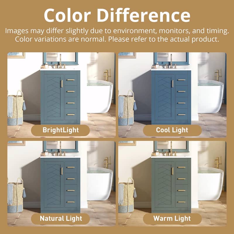 24" Bathroom Vanity with Integrated Ceramic Sink, Cabinet with 1 Door and 3 Drawers