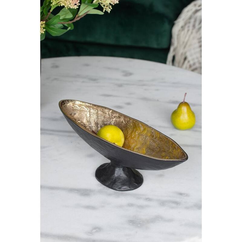HomeRoots 14" Black And Gold Aluminum Oval Pedestal Centerpiece Bowl - 13.60 in. x 4.70 in. x 4.30 in.