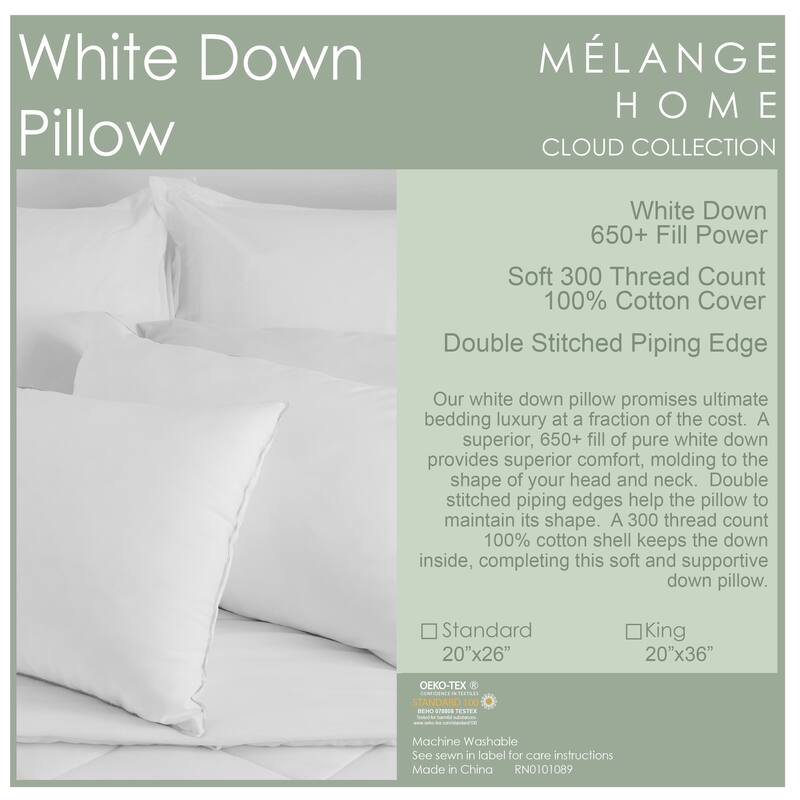 Sweat Dreamer Cloud Collection 650 Fill Power White Duck Down Pillow - Standard - Single