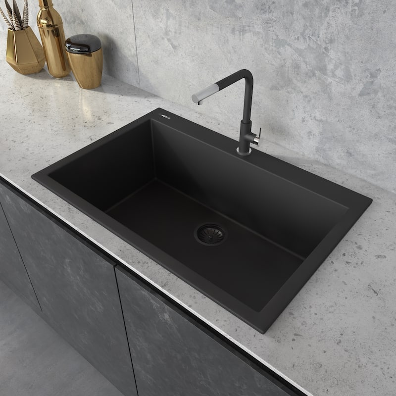 Ruvati 27 x 20 inch Drop-in Topmount Granite Composite Single Bowl Kitchen Sink - Midnight Black - 27 x 20 - 27 x 20
