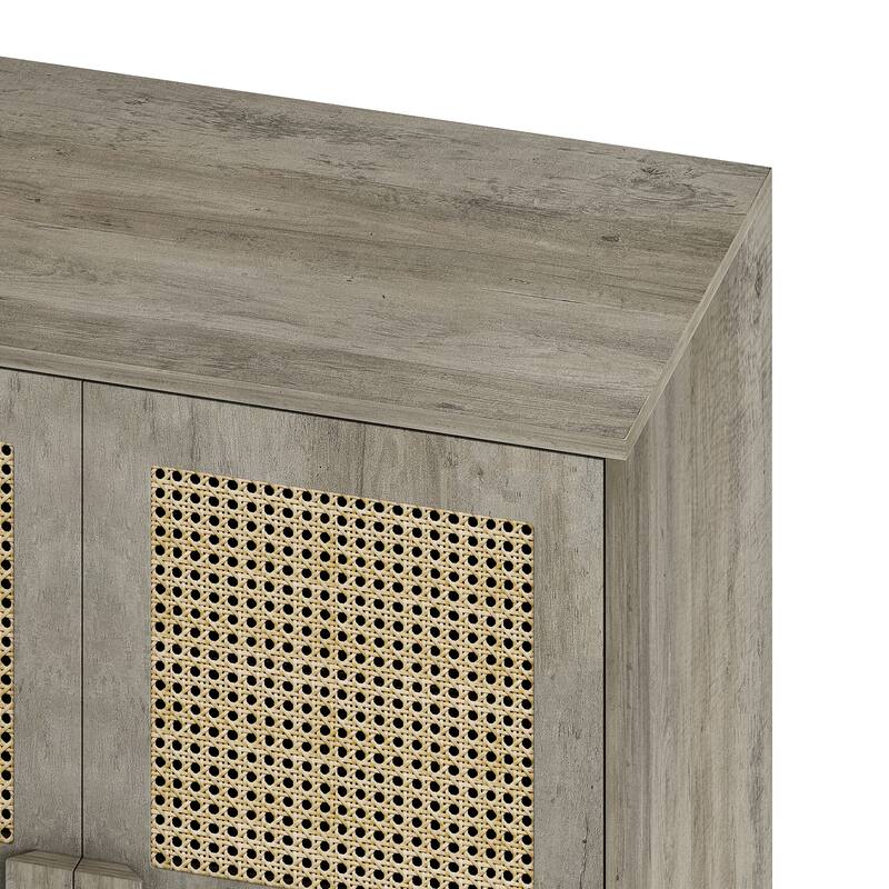 Anmytek Grey Woodgrain 4 Door Rattan Sideboard with 8 Storage Shelves Boho Buffet Cabinet