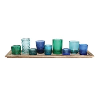 Wood Tray with 9 Blue & Green Glass Votive Holders