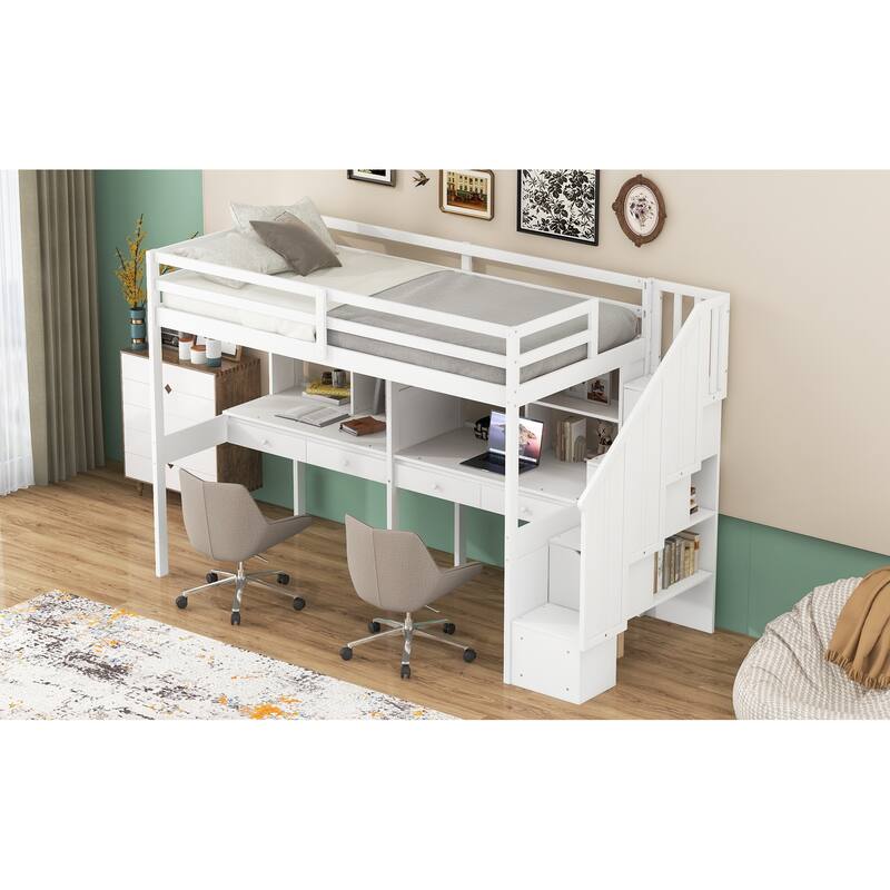 Twin Size Loft Bed Frame with Storage Staircase and Double Desks and Shelves,Gray