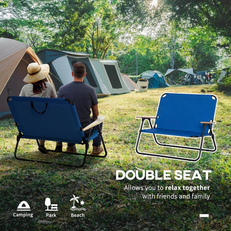 Double Folding Camping Chair, Portable Loveseat, Wood Armrests