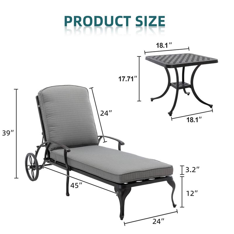 3-Piece Aluminum Reclining Outdoor Chaise Lounge with Table and Cushions