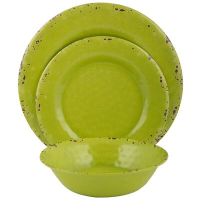 Melange 12-Piece Melamine Dinnerware Set (Rustic Collection )|Dinner Plate, Salad Plate & Soup Bowl (4 Each)|Lime