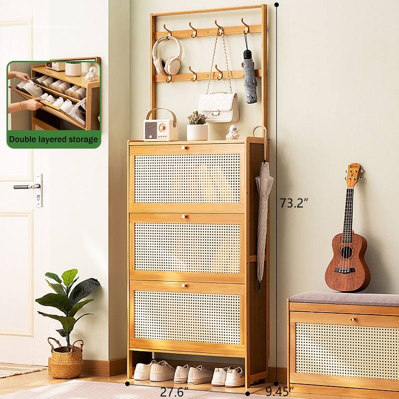 Shoe Cabinet with 3 Rattan Flip Drawers, Bamboo Shoe Storage Cabinet with Coat Hooks, Freestanding Shoe Cabinet Storage
