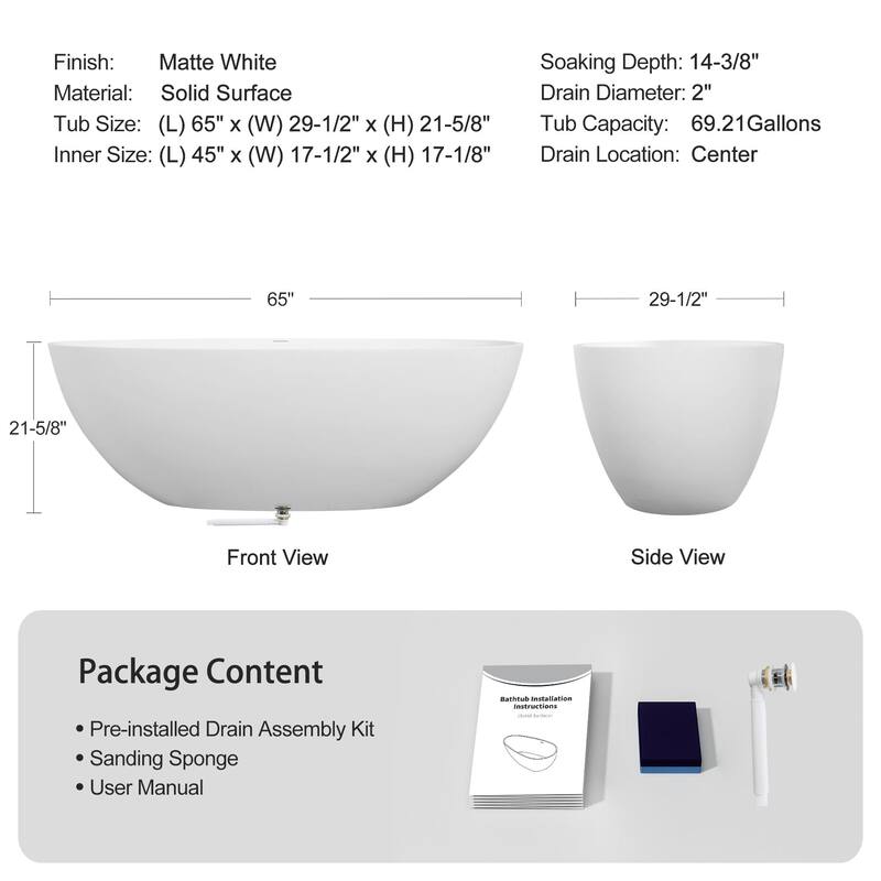 65" x 30" Solid Surface Freestanding Bathtub in Matte White - 65" x 30"