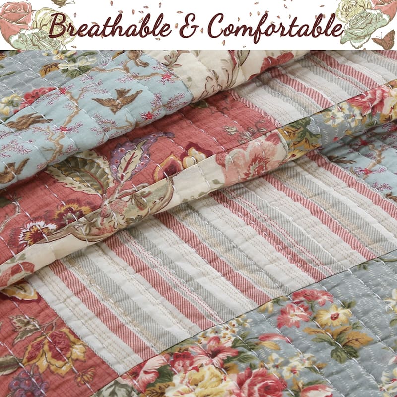 Porch & Den Appy Coral Aqua Ivory Patchwork Reversible 3-piece Cotton Quilt Bedding Set