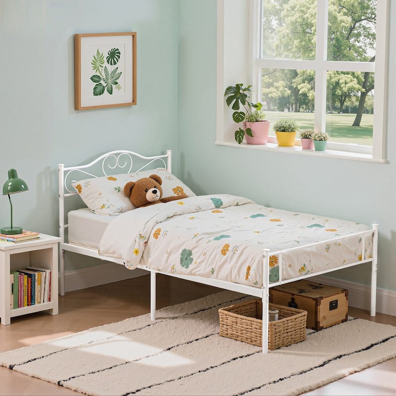 Javlergo Set of 2 Twin Size Metal Platform Bed Frame with Heart Shape Scroll Headboard No Box Spring Needed
