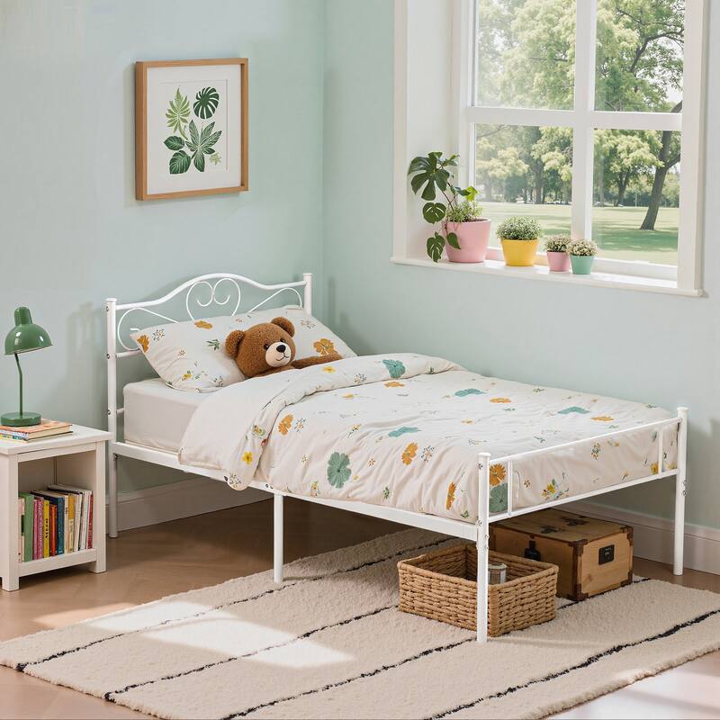Javlergo Twin Size Metal Bed Bed Frame with Headboard and Footboard, White