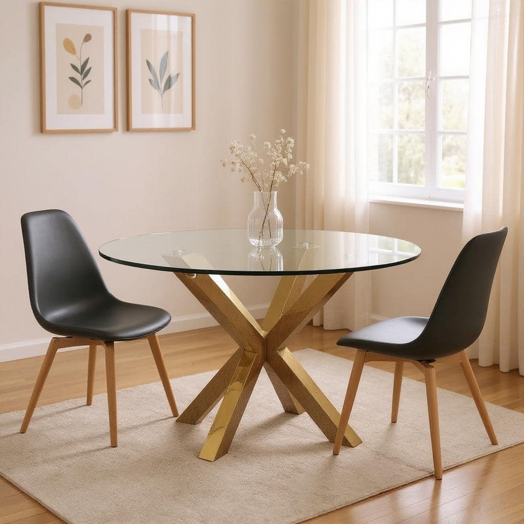 HomeRoots 54" Clear and Gold Glass and Metal Cross Leg Base Round Top Dining Table - 54.00 in. x 30.00 in. x 54.00 in.