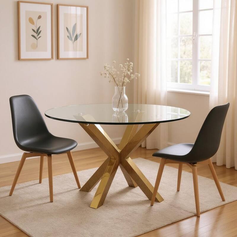 HomeRoots 54" Clear and Gold Glass and Metal Cross Leg Base Round Top Dining Table - 54.00 in. x 30.00 in. x 54.00 in. - Clear - 54.00 in. x 30.00 in. x 54.00 in.