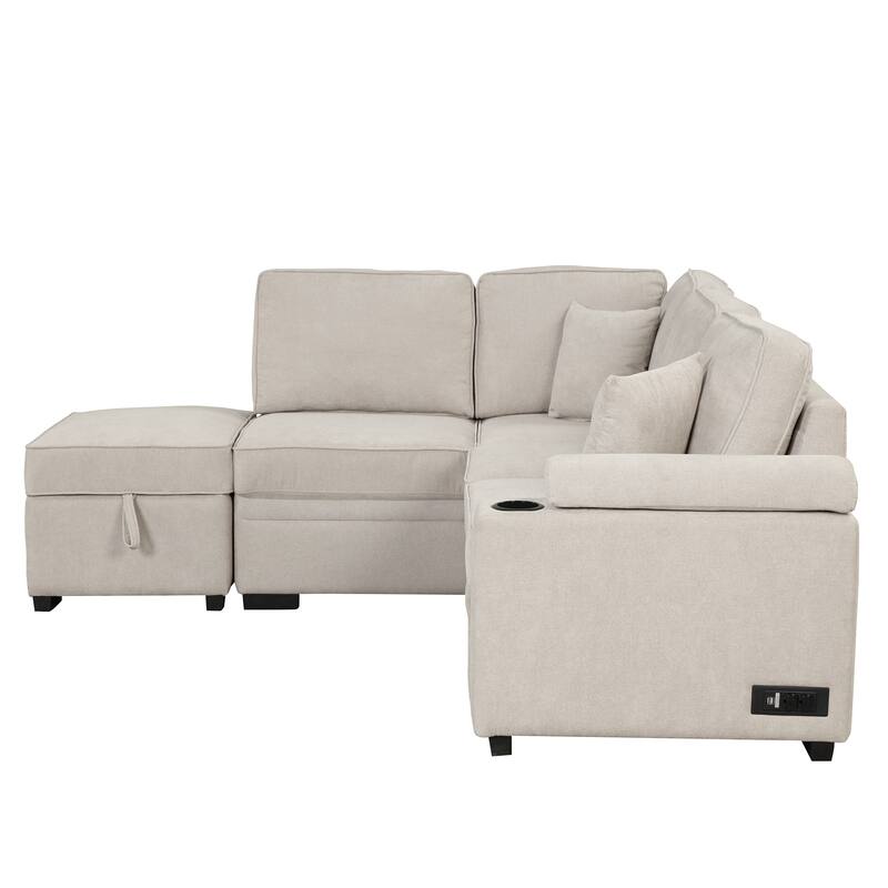 Beige 84.75" L-Shaped 5-Seat Sleeper Sofa Bed