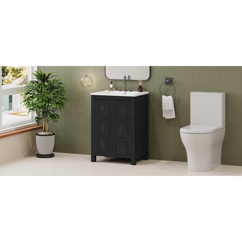 24" Small Bathroom Vanity with Ceramic Sink, Solid Wood Frame Bathroom Storage Cabinet