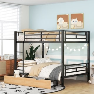 Full Over Full Wood Kids Convertible Bunk Bed with 2 Drawers, Black ...