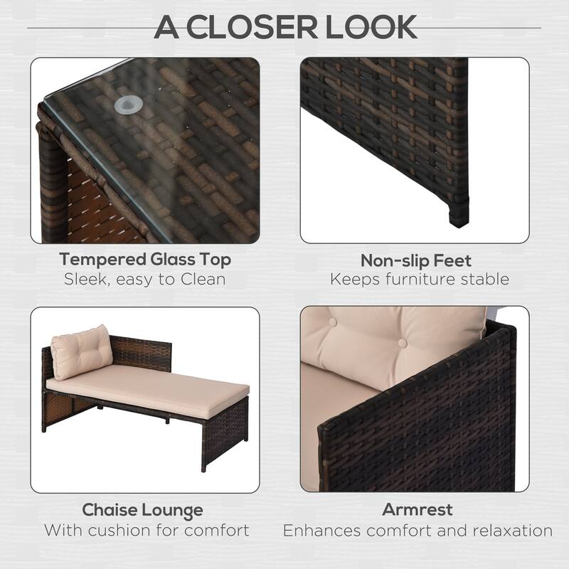 3 Piece Patio Furniture Set, Rattan Outdoor Sofa Set with Chaise Lounge & Loveseat, Soft Cushions, Tempered Glass Table,